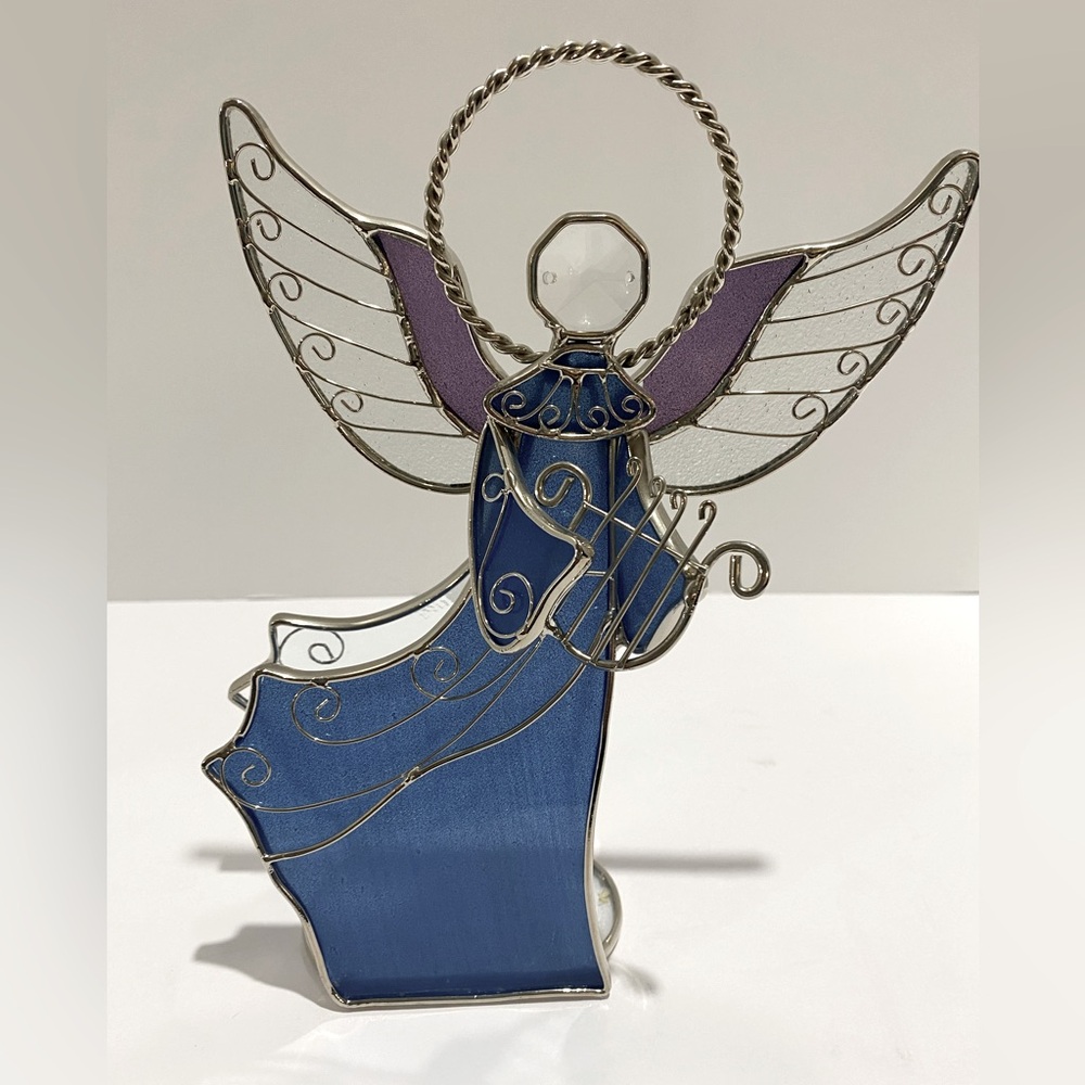 Stained Glass Angel Tea Light Candle Holder Harp Blue Silver Tone 8.25"